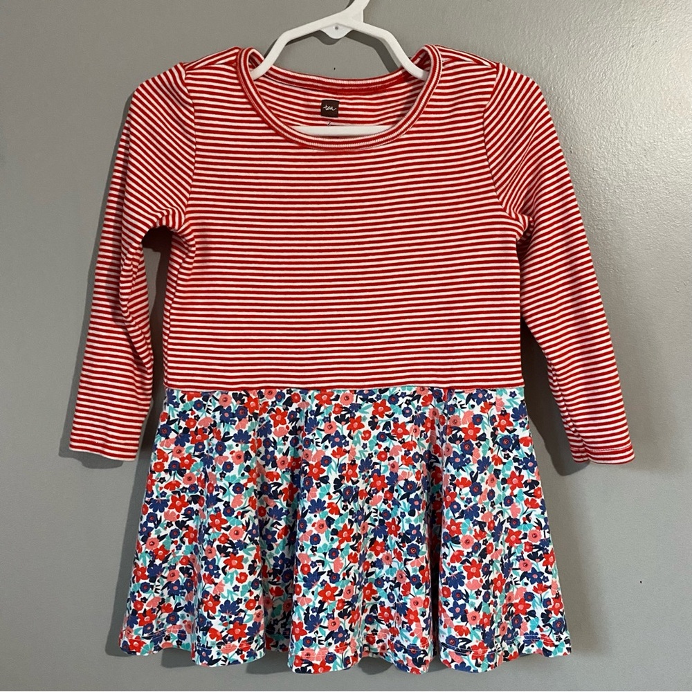 Tea Collection Red and White Striped Dress with Floral Multi Color Skirt